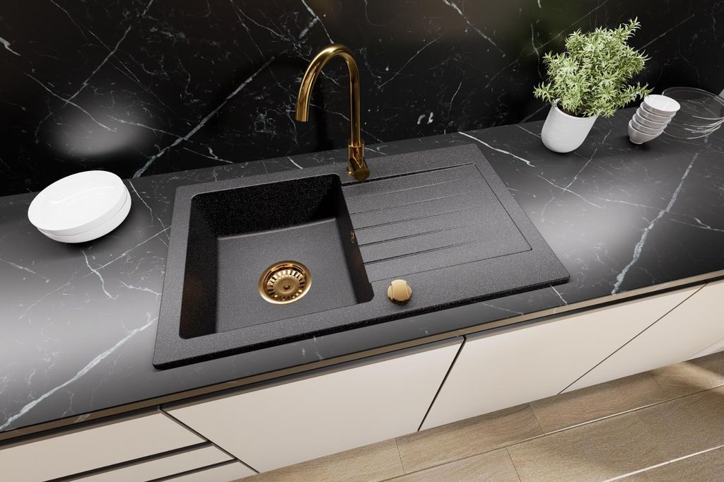 Granitspüle Küchenspüle mit Siphon und Armatur Gold Produktbild 
