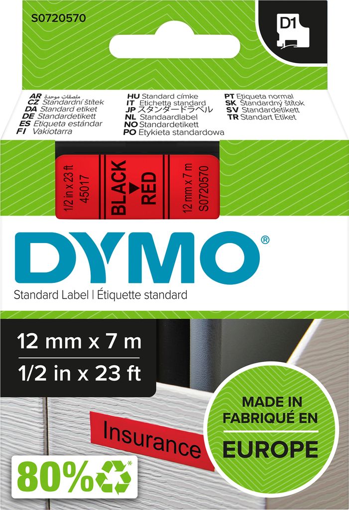 DYMO Original D1-Etikettenband | schwarz auf rot | 12 mm x 7 m | selbstklebendes Schriftband | für LabelManager-Beschriftungsgerät