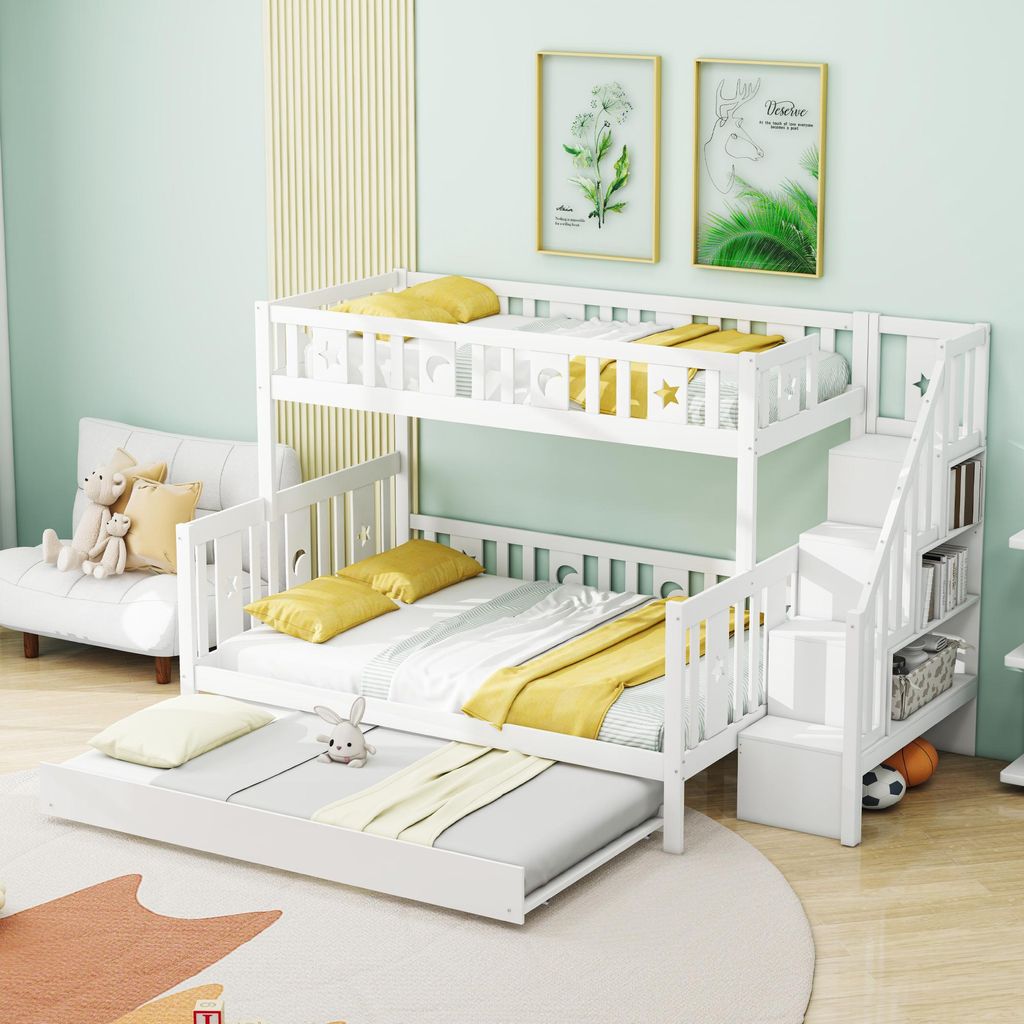 MODFU Etagenbett mit einer Matratze 90×200/140×200 Jugendbett mit Sicherheitstreppe,Kinderbett mit Rollbett und Lattenrost,Holzbett mit Stauraum,...