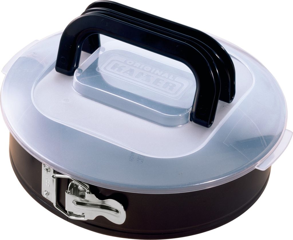 A Kaiser Springform 26cm Bake & Take cake pan with a lid and handle.