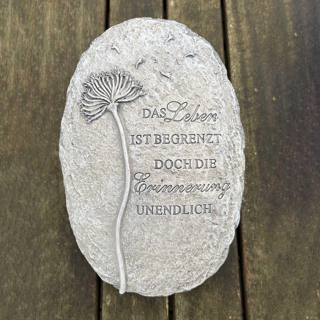 Grabschmuck - Gedenkstein auf Sockel mit Pusteblume und Trauerspruch