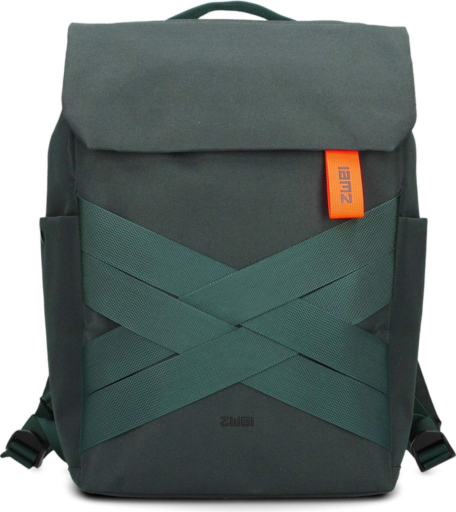 A front view of a dark green backpack with green criss-cross straps and an orange tag.