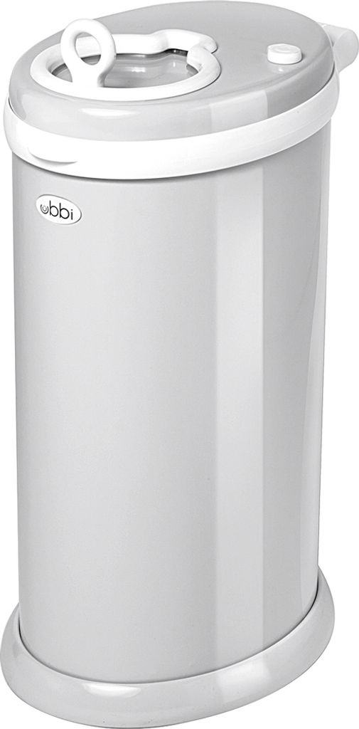 A gray diaper pail with a white lid and handle, shown against a white background.