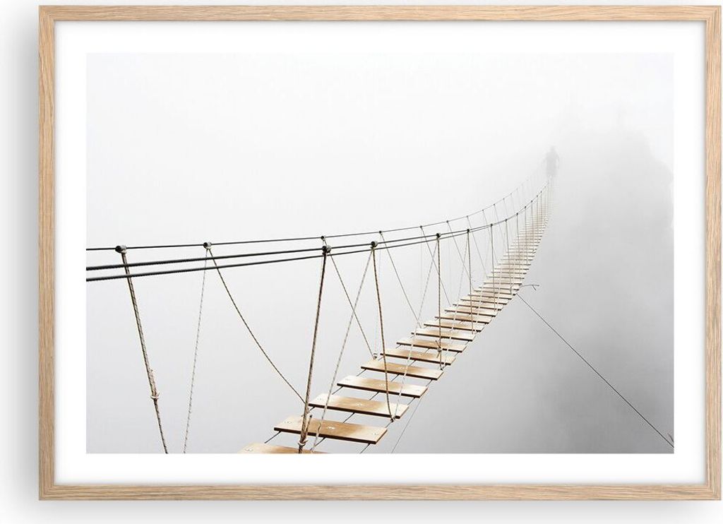 Gerahmtes Poster - Rahmen in heller Eiche - Brücke ausgesetzt Nebel - 70x50 cm - Wand Bild - Wanddeko - Wandbilder - Kunstposter - Wandposter - Bi...