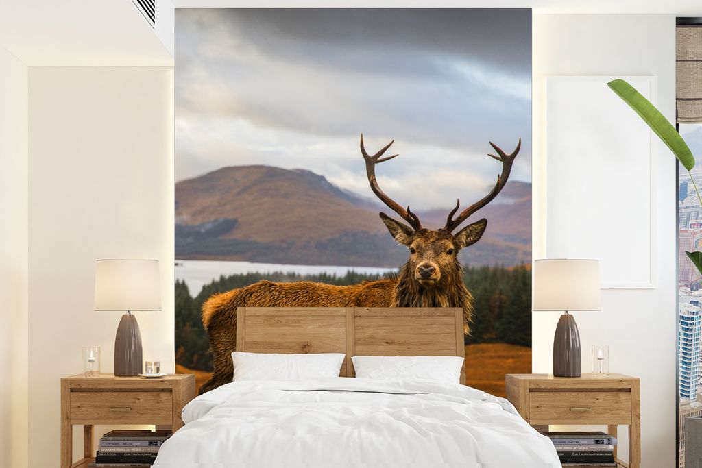 MuchoWow Fototapete für Wohnzimmer oder Schlafzimmer Wandtapete Vinyl Motivtapete Hirsche - Berge - Wasser - Landschaft - Tiere - Bäume - 165x2...