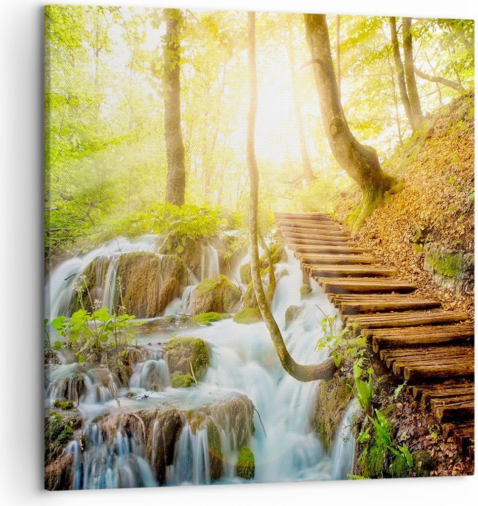 Bild auf Leinwand - Leinwandbild - Park Wasserfall Wasser - 50x50cm - Wand Bild - Wanddeko - Leinwanddruck - Bilder - Kunstdruck - Wanddekoration -...