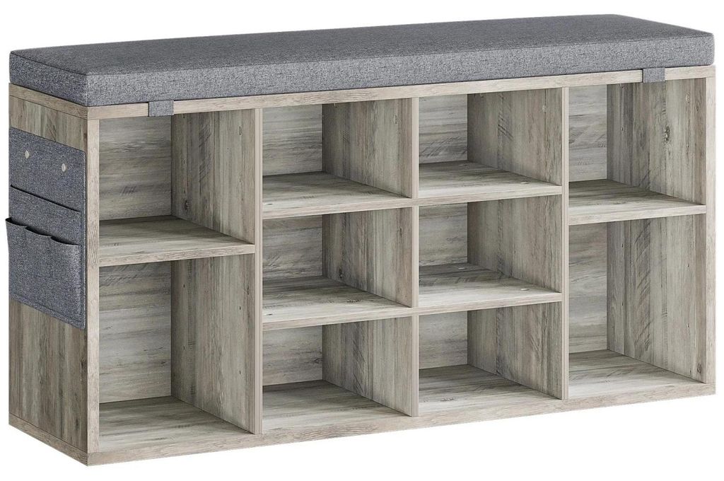Schuhbank mit Sitzkissen - Flurbank mit Schuhaufbewahrung - 10 Fächer - Verstellbare Einlegeböden - Holz - Antik-Optik - Grau