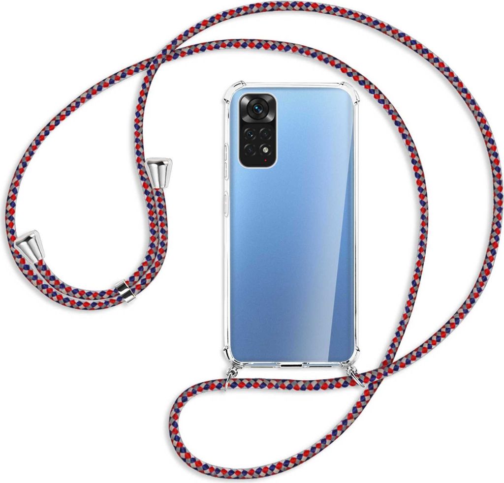 Handykette Backcover-Schutzhülle mit Band (Metall silberfarben) für Xiaomi Redmi Note 11S 4G - silber/blau/rot