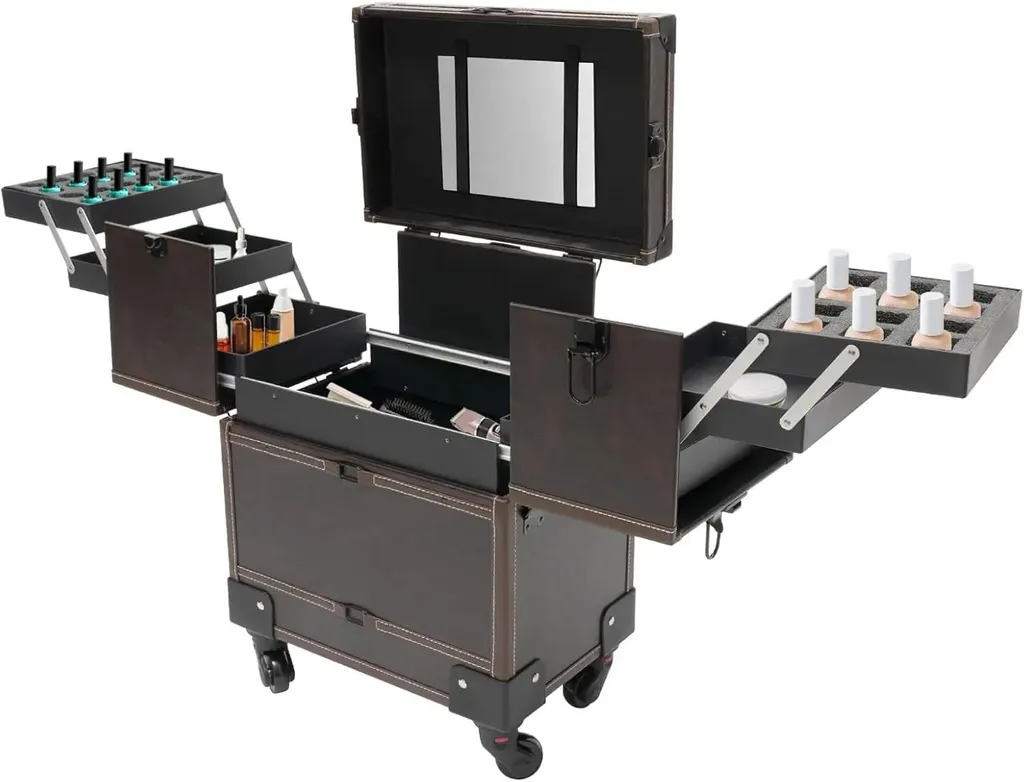 Valise à maquillage 4 roues pivotantes et poignée télescopique en cuir PU - 11