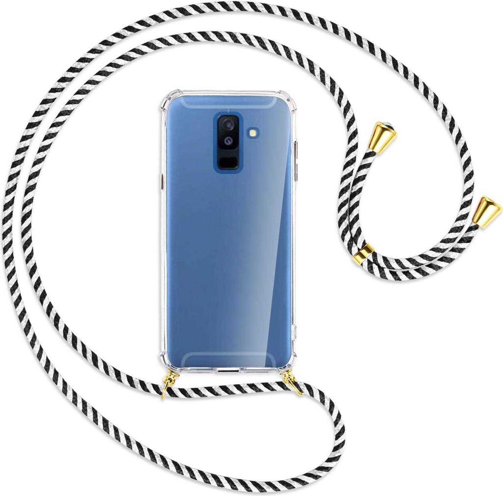 Handykette Backcover-Schutzhülle mit Band (Metall goldfarben) für Samsung Galaxy A6 Plus 2018 / J8 - schwarz/weiß gestreift