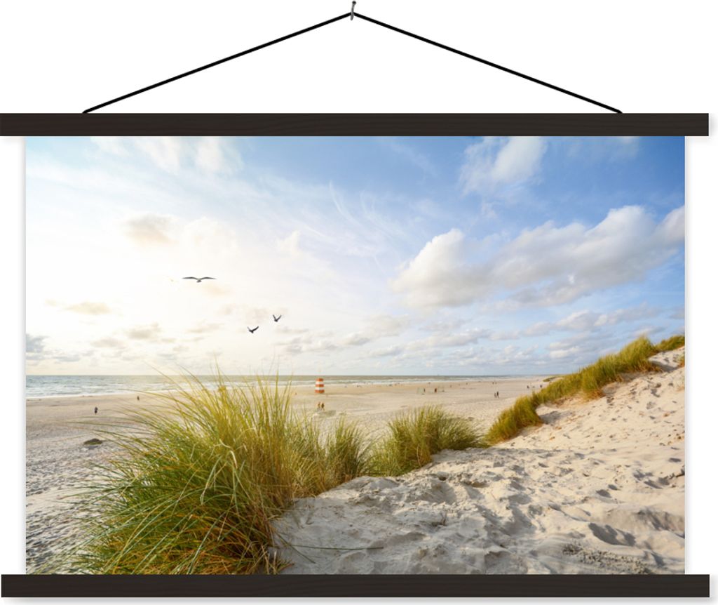 MuchoWow Textilposter Strand - Meer - Vögel 120x80 cm mit schwarzem Rahmen - Wanddeko