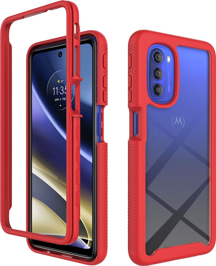 Moto G51 5G Hülle, Hybrid Transparente Rückseite Robust TPU Bumper Rutschfest Stoßfest Ganzkörper Schutzhülle für Motorola Moto G51 5G Rot
