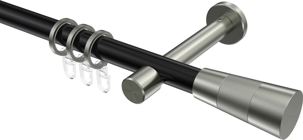 Interdeco Gardinenstange / Vorhangstange Schwarz / Edelstahl-Optik, Typ Prestige Tanara (Konus Bicolor), 20 mm Ø 1-läufig, 140 cm