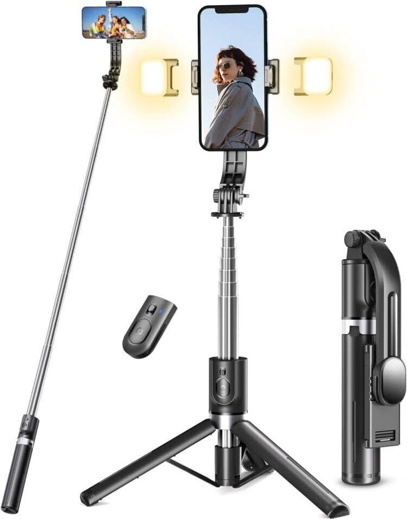 Selfie-Stick-Stativ mit 2 Fülllichtern, extra langes 45-Zoll-Stativ mit abnehmbarer Fernbedienung, kompatibel mit iPhone, Samsung, Smartphones