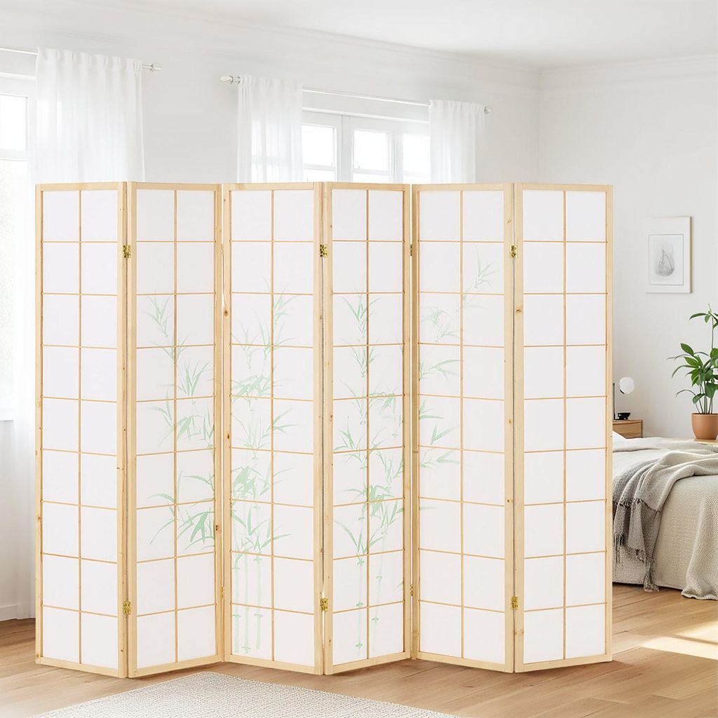 Homestyle4u Paravent Raumteiler 6 teilig Holz Shoji Bambusmuster Trennwand spanische Wand Sichtschutz 267