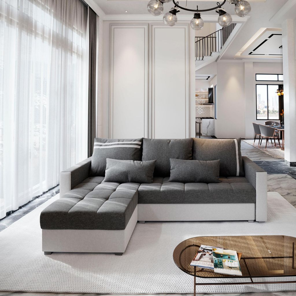 Masseno Ecksofa KOS PIK mit Schlaffunktion L-Form, Sofa mit Bettkasten, Wohnzimmersofa, Couch, Soffa, Bettsofa, Couchgarnitur- Hellgrau, SAWANA 21 ...