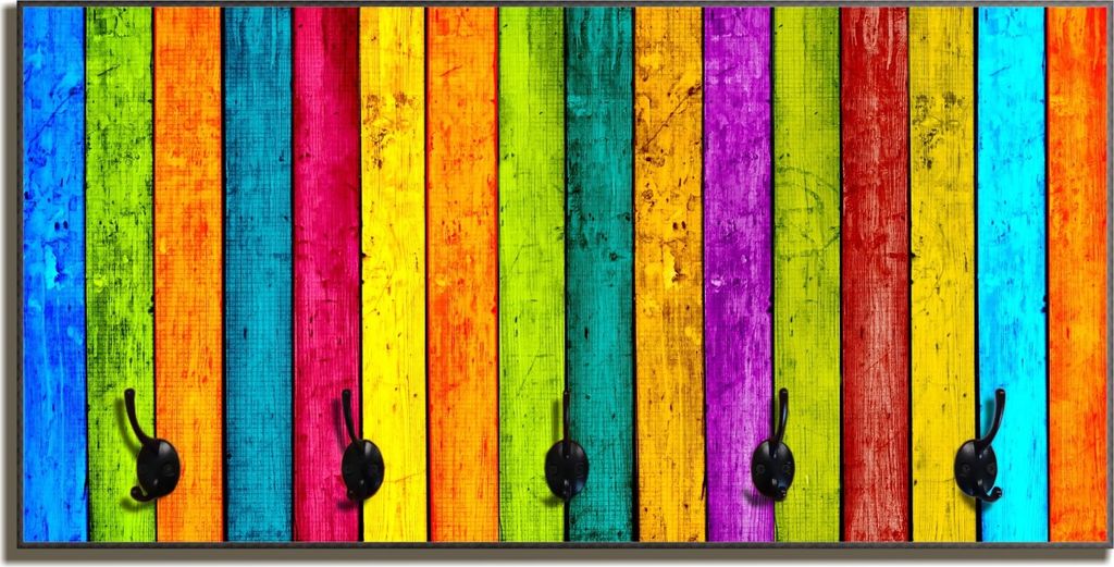 Wallario Flurgarderobe Wandgarderobe aus Holz, mit 5 Haken, Größe 80 x 40 cm, Motiv Buntes Holz - bunte Streifen mit Farbe und Holzstruktur