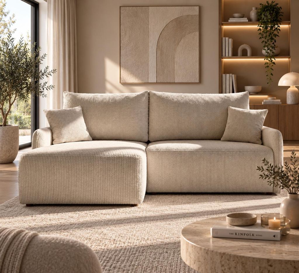 Ecksofa FLUFFY L-Form, Universal, Modernes Bettsofa mit Produktbild  KI-generiertes Bild
