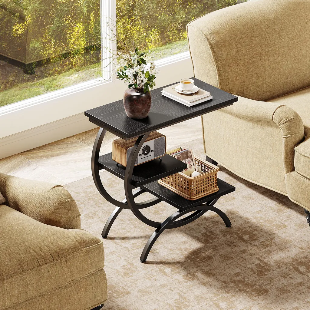 Table d'appoint en forme de C, table basse à trois niveaux bois naturel - 14