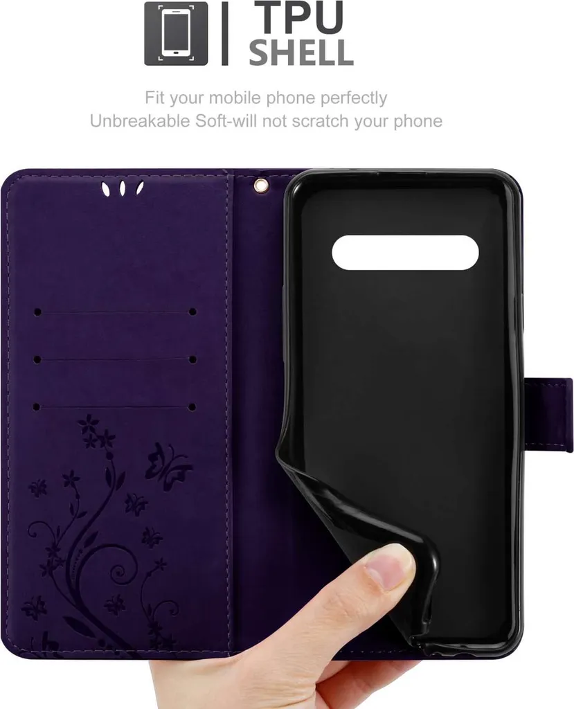 Cadorabo cover per LG V60 ThinQ in FLORAL DARK PURPLE cover protettiva dal design floreale con chiusura magnetica, funzione stand e slot per carte di credito custodia flip cover a fiore custodia flip cover per cellulare custodia a libro - 5
