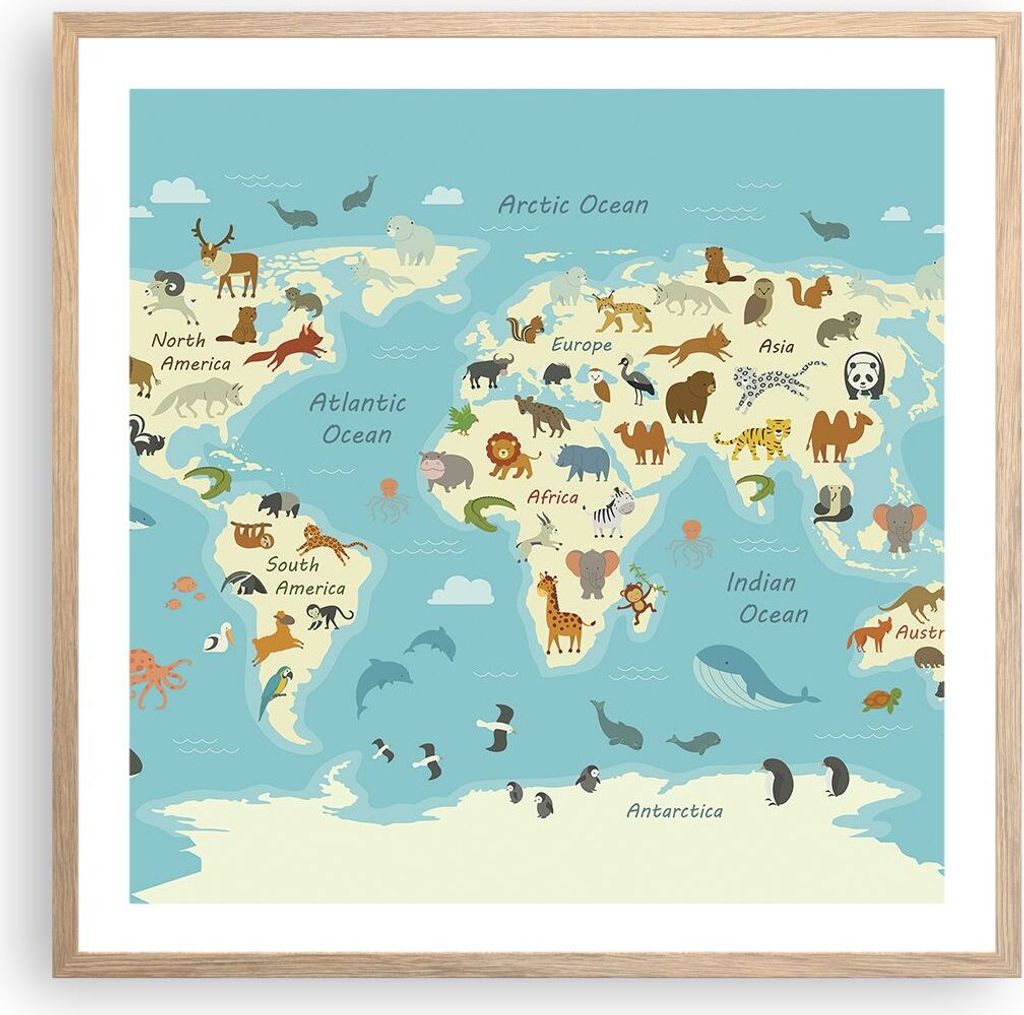 Gerahmtes Poster - Rahmen in heller Eiche - Tiere die Welt Karte - 60x60 cm - Wand Bild - Wanddeko - Wandbilder - Kunstposter - Wandposter - Bilder...
