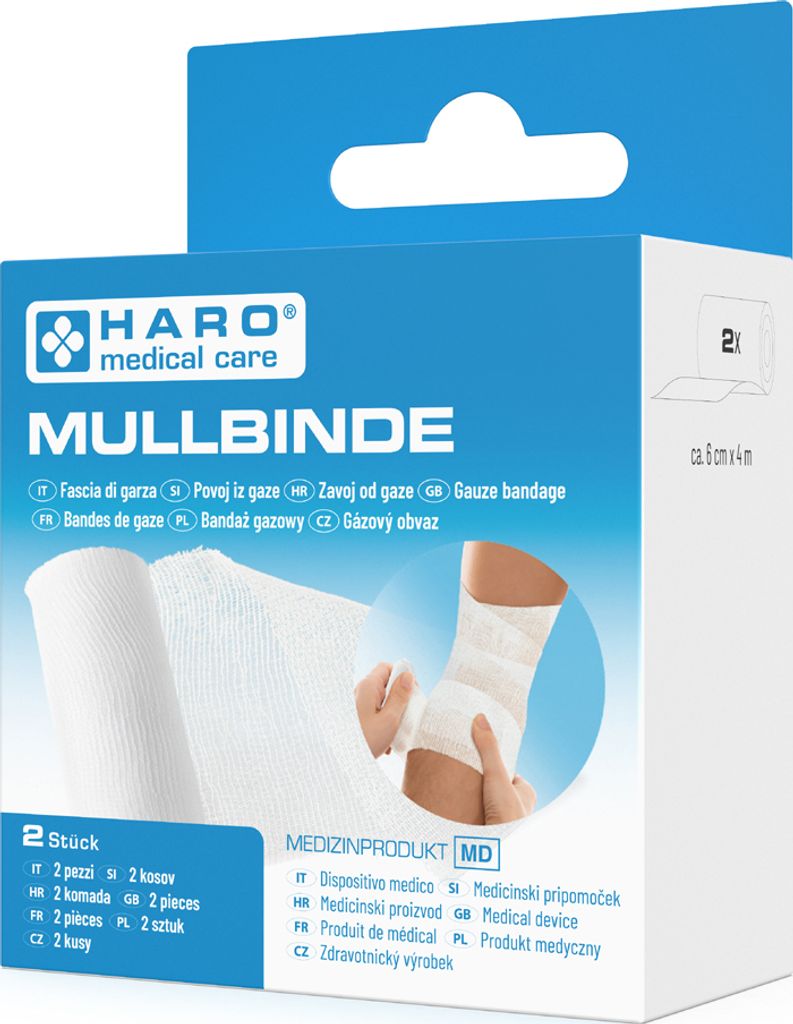 HARO Mullbinde elastisch weiß 60 mm x 4,0 m 2er Set Produktbild 