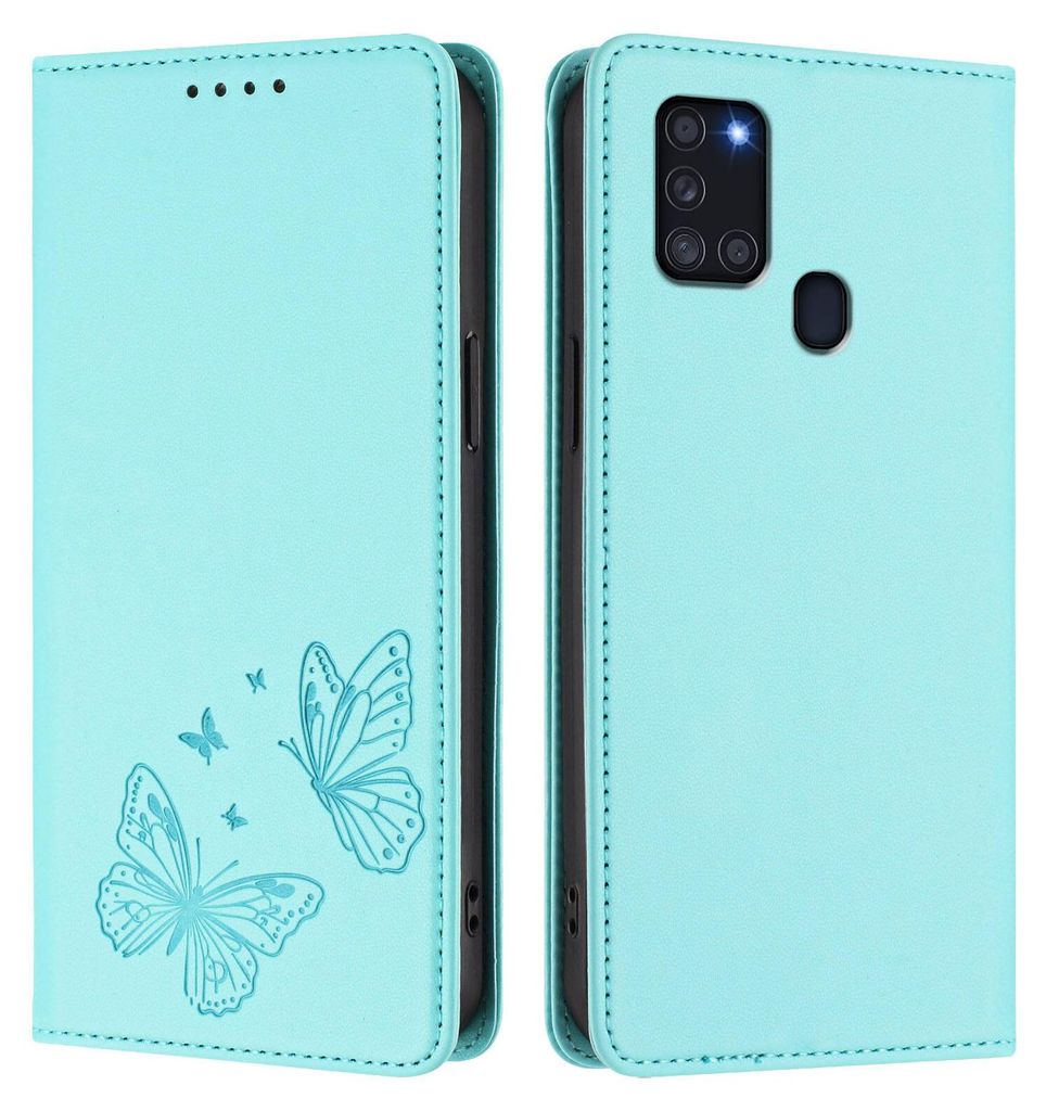 Lederhülle für Samsung Galaxy A21S, Schmetterling Prägung Leder Brieftasche Schutzhülle mit Ständer Türkis