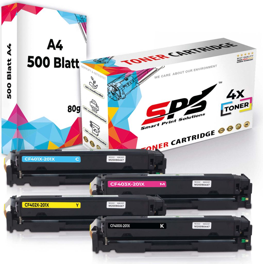Druckerpapier A4 + 4x Multipack Set Kompatibel für HP Color Laserjet Pro 200 M 252 N (201X/CF401X, CF403X, CF402X, CF400X) Toner