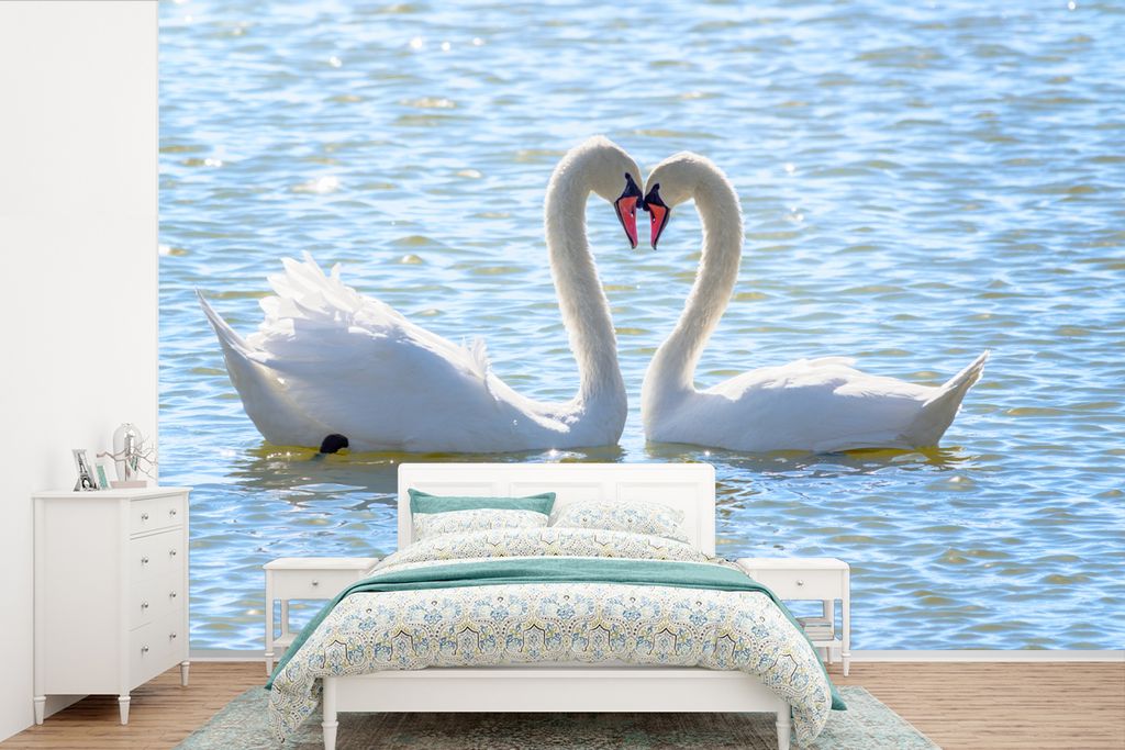 MuchoWow Fototapete für Wohnzimmer oder Schlafzimmer Wandtapete Vinyl Motivtapete Vögel - Schwan - Wasser - Liebe - Sonne - 420x280 cm - Zimmer...