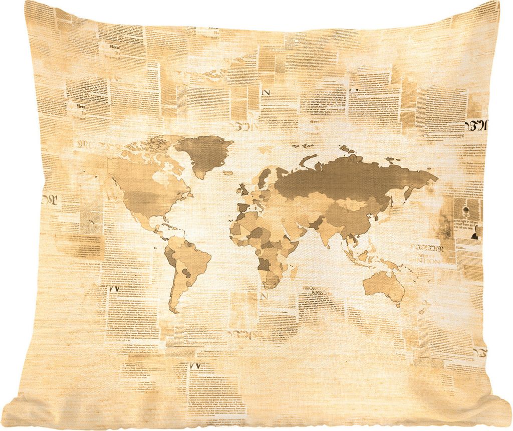 MuchoWow Zierkissen Sofakissen Wohnzimmer Dekokissen 45x45 cm Weltkarte - Vintage - Zeitungsdruck - Schlafpolster - Polster für das Sofa