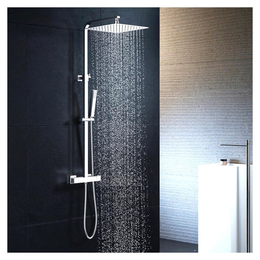 Duscharmatur mit Thermostat, Komplettset (Duschsystem - 25 X 25 CM Kopfbrause aus Edelstahl 304 - Duschkopf mit Schlauch und Halterung) Eckige Rege...