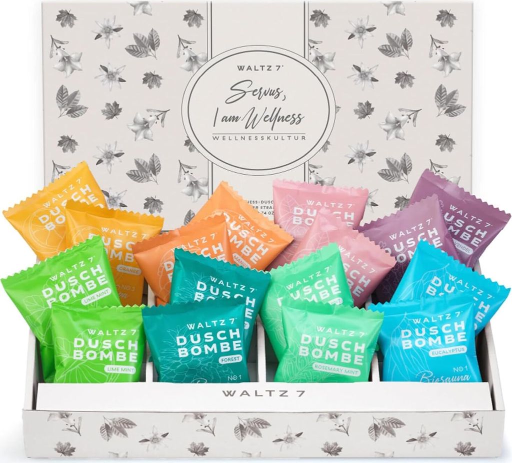 WALTZ 7 Duschbomben Set, 16 Stück, 8 Düfte, Weihnachtsgeschenk für Frauen, Männer, Geschenkset Damen, Geburtstagsgeschenk Freundin, Mama, Papa