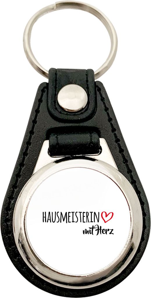 Huuraa Anhänger Hausmeisterin mit Herz Geschenk Metall mit Kunstleder Einkaufswagenlöser Hausmeisterin Präsent