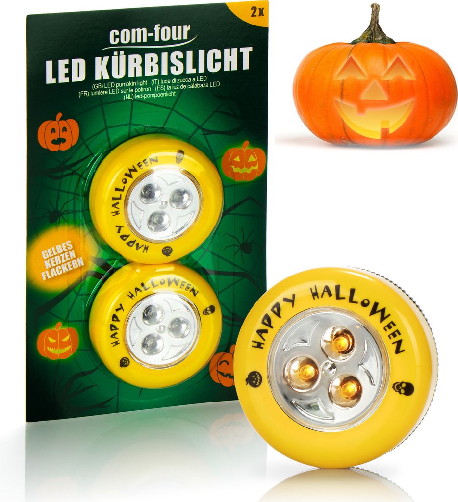 com-four 2x LED-Licht für Halloween - gelbes Kerzenflackern, Blinkende Kürbis LED Lichter für ausgehölte und geschnitzte Kürbisse - Kürbis-...