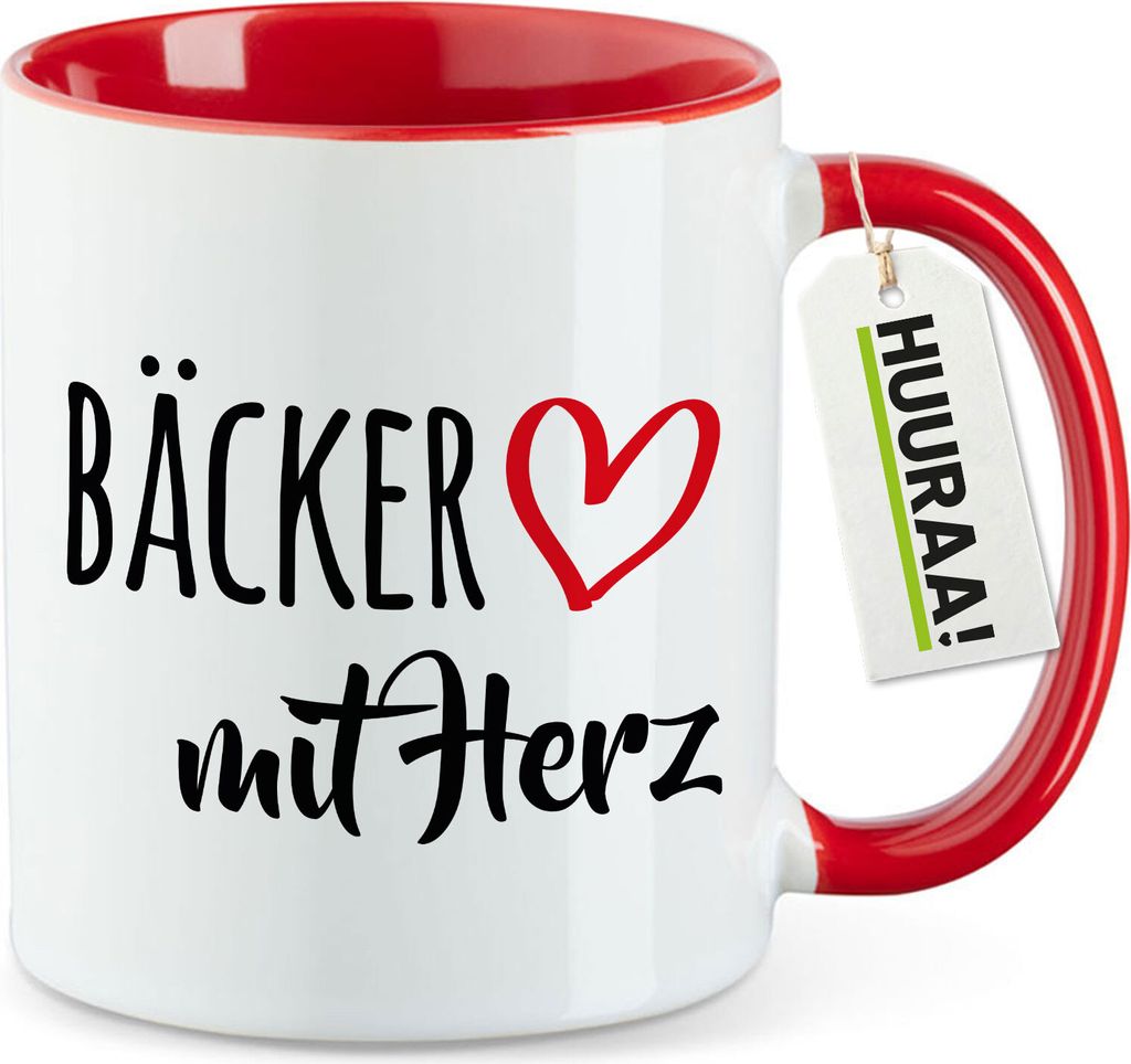 Huuraa Kaffeetasse Bäcker mit Herz 330ml Rot Keramik Kaffeebecher Geschenkidee