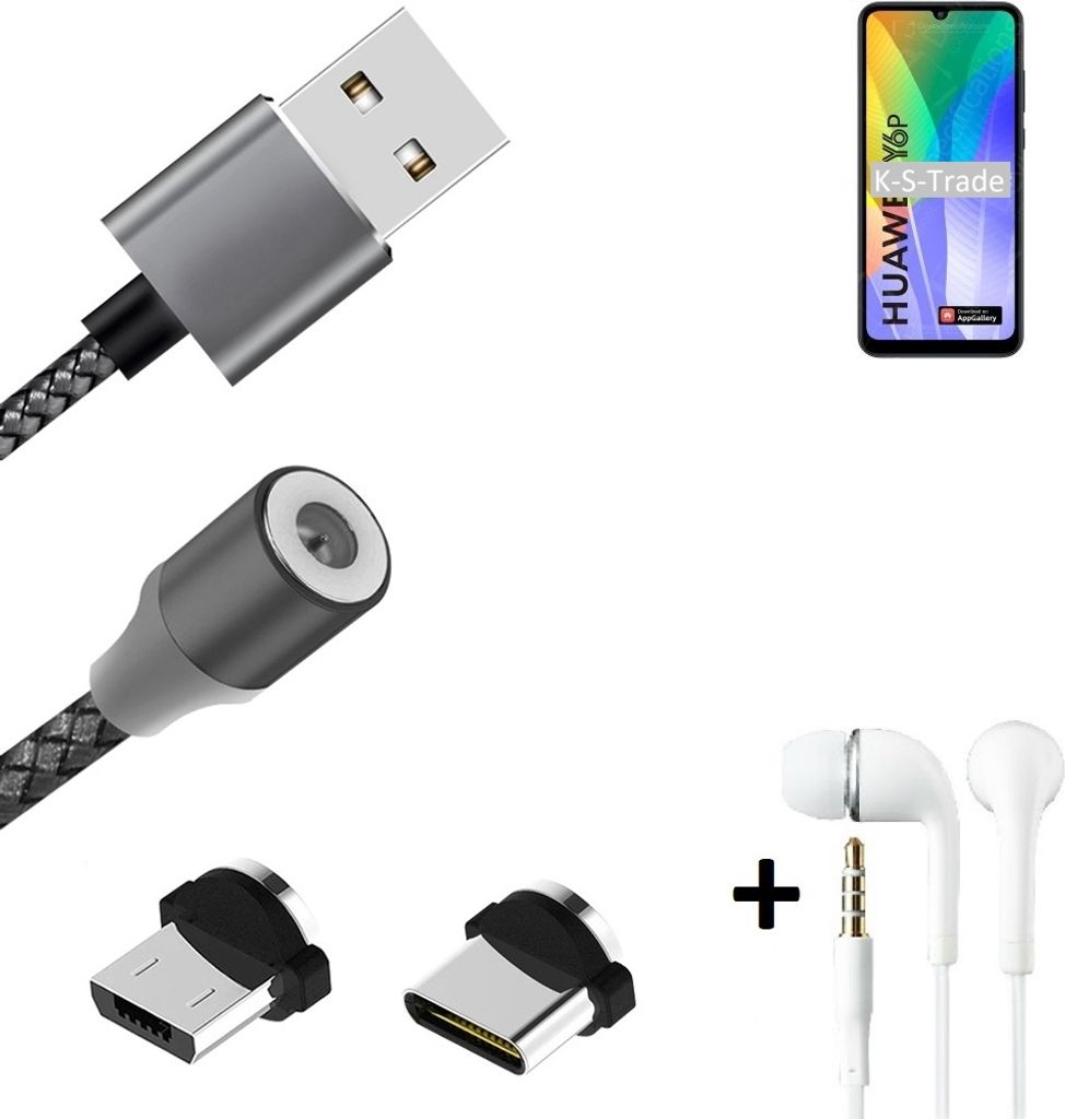 K-S-Trade Hochwertiges Magnet-Lade-kabel Sync-Kabel Daten-Kabel + Kopfhörer für Huawei Y6p mit USB-Typ-C-Anschluss und Micro-USB-Anschluss 2A bis