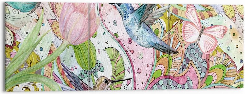 Bild auf Leinwand - Leinwandbild - Vogel Schmetterling Blume - 150x50cm - Wand Bild - Wanddeko - Leinwanddruck - Bilder - Kunstdruck - Wanddekorati...