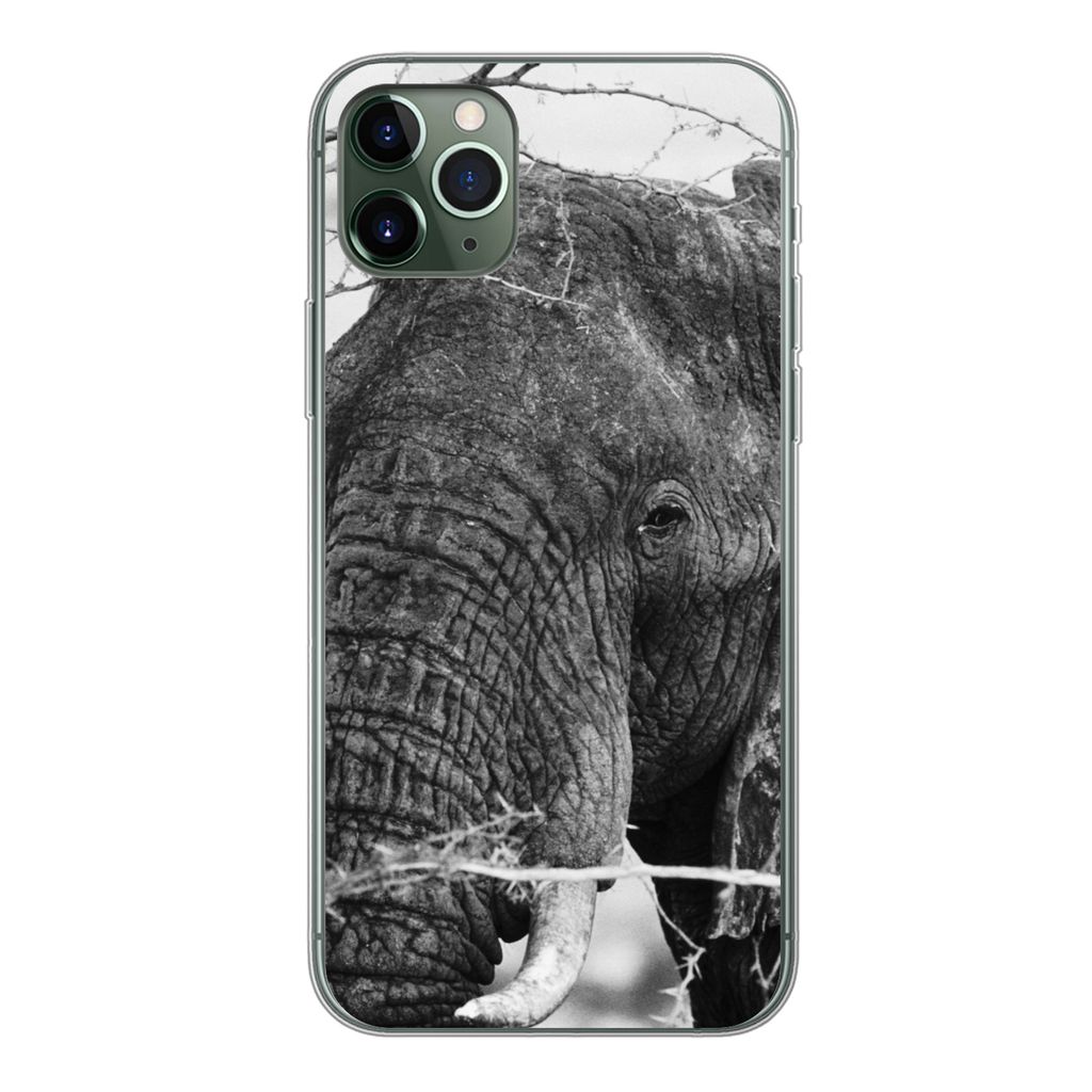 MuchoWow Handyhülle Schutzhülle Hülle für iPhone 11 Pro Max Elefant - Tiere - Äste - Natur - Schwarz und weiß Silikon Softcase Handy Hülle...