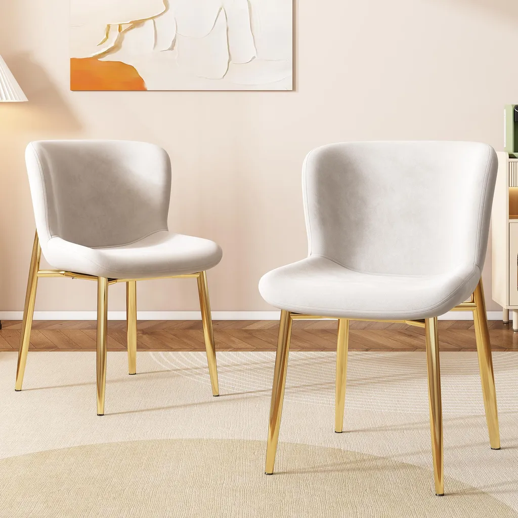 Chaise de Salle à Manger Design en Velours Beige avec Pieds en Métal