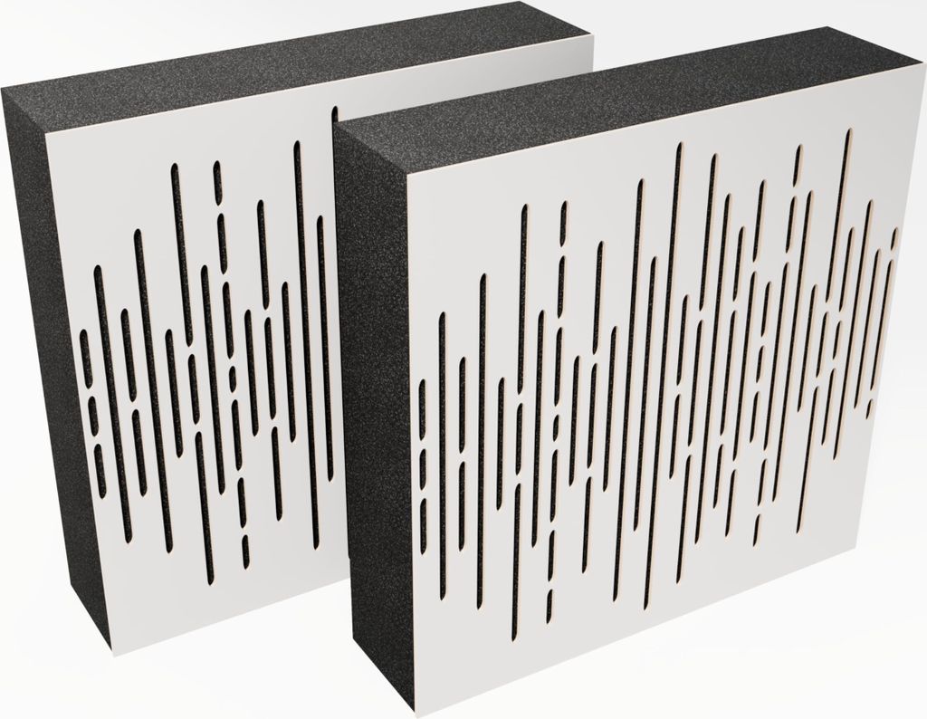 Two acoustic panels with a white perforated front and black foam sides, displayed against a white background.