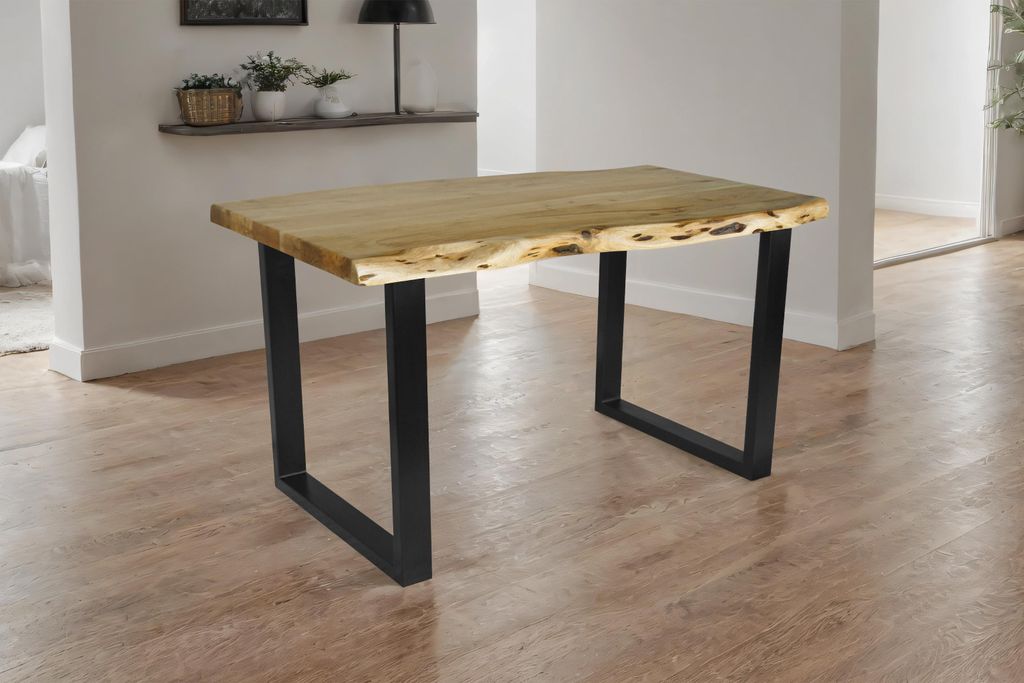 Esstisch Baumkante Akazie massiv 50mm Eichefarben 140 x 80 cm U-Gestell schwarz CALI