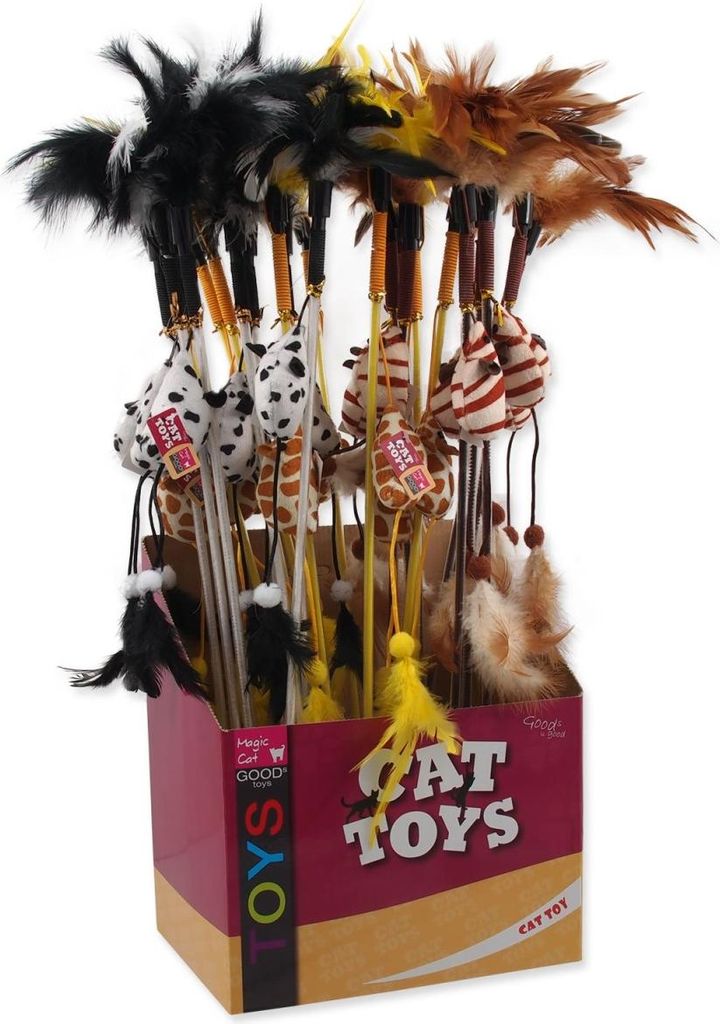 Display Toy MAGIC CAT Maus Schnuller mit Federn Baumwolle mit Katzenminze 7 cm + 45 cm 24 Stück