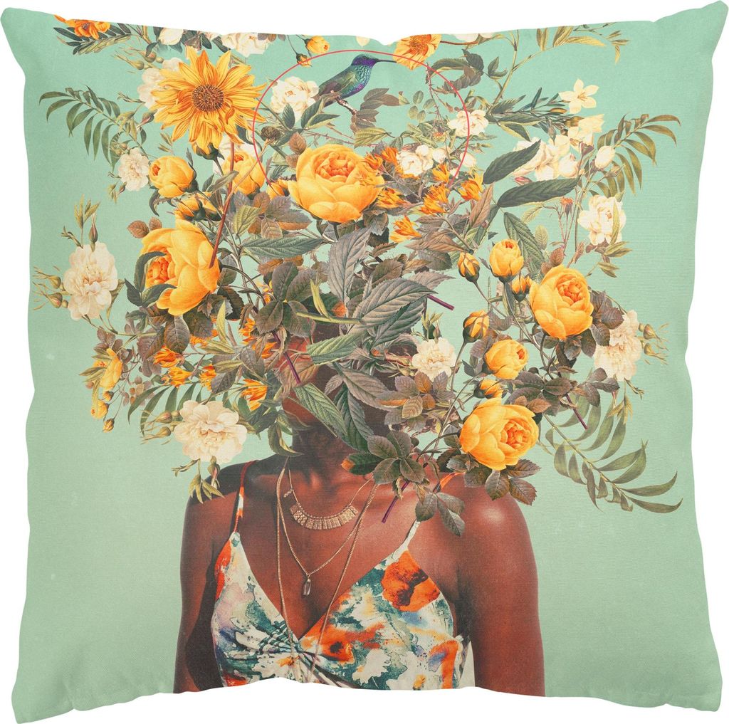 Dekokissen Blumen drinnen / Indoor Zierkissen Canvas waschbar Frau türkis Sofakissen ohne Füllung