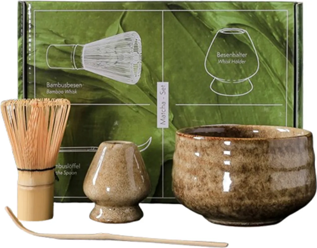 INF Elegante Kit per Cerimonia del Matcha con Ciotola in Vetroceramica e Utensili in Bamboo Giallo