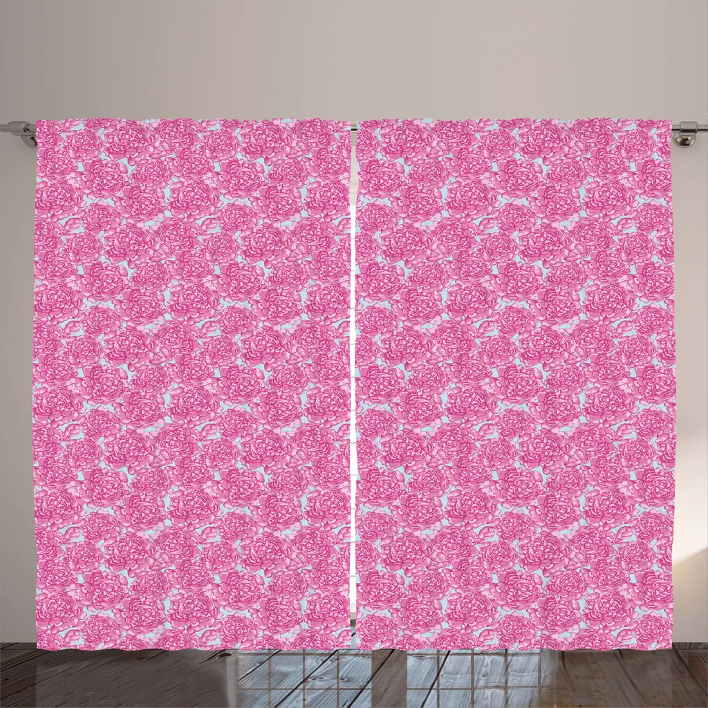Rideau Floral avec Boucles et Crochets 280x225 cm Imprimé Pivoines Rose