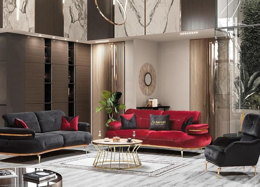 Designer Roter 3-Sitzer Polster Couch Wohnzimmer Möbel Edelstahlfüße