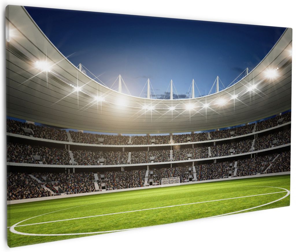 Wallario Premium Leinwandbild Fußballstadion Mittellinie in Größe 60 x 90 cm