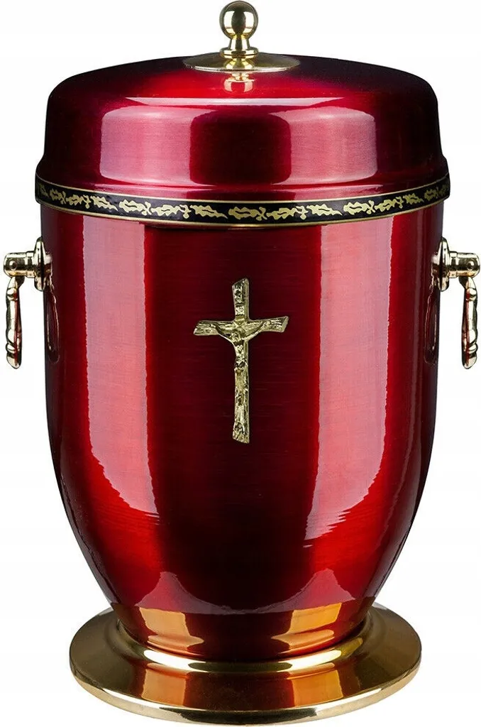 Urne funéraire en métal rouge avec croix pour cendres de crémation