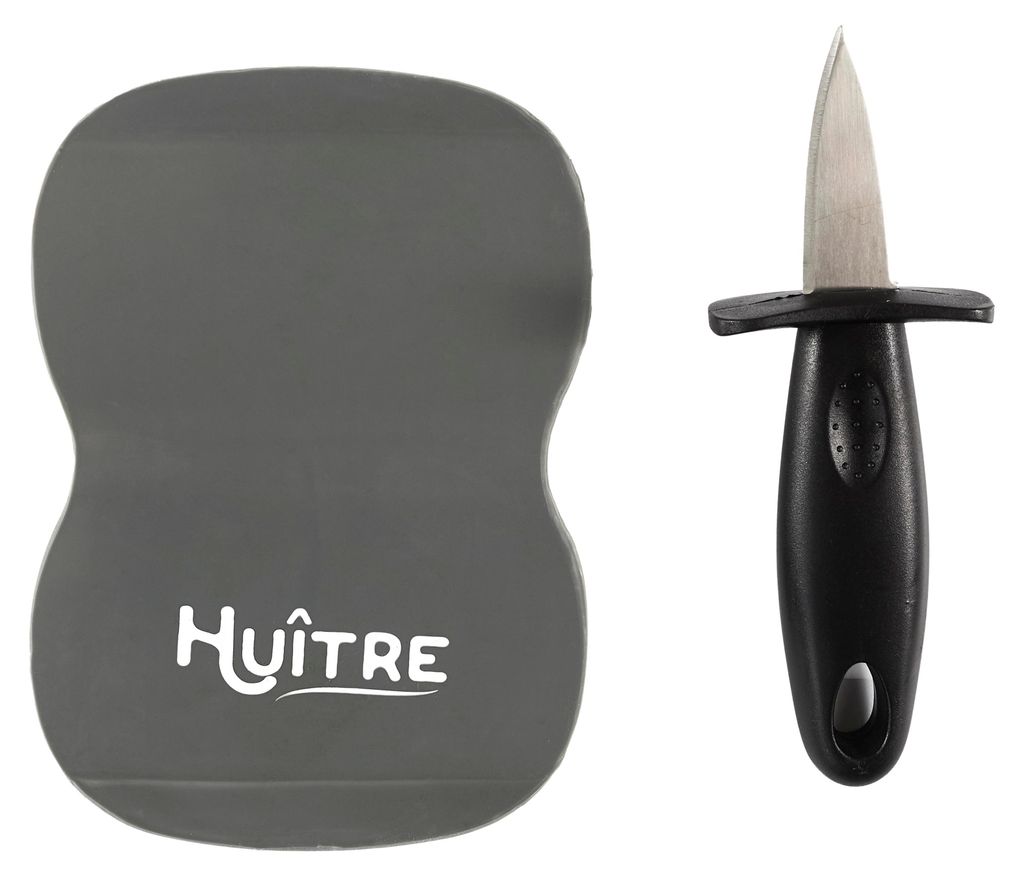 An oyster knife and a protective mat are shown against a white background.