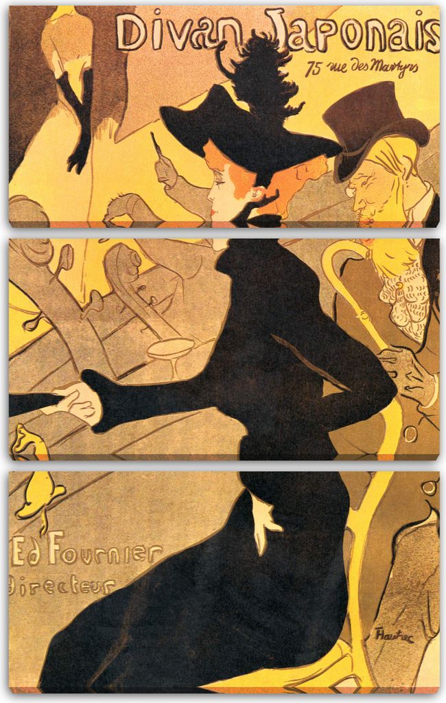 Leinwandbild 3-teilig (80x120cm): Henri de Toulouse-Lautrec - Divan Japonais, echter Holz-Keilrahmen inkl. Aufhänger, handgefertigt in Deutschland